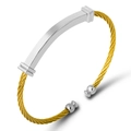 Brazalete rígido de cable de acero inoxidable dorado con placa de plata pulida - Oro Plata Bicolor