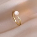 Elegant gold open ring featuring a lustrous white pearl and sparkling zircon paved bar - Freshwater Pearl Open Ring (J0295) / 1PC / Gold