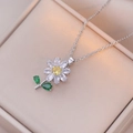 Pendentif marguerite avec zircon jaune et feuilles vertes sur une fine chaîne en argent - X1079-couleur Acier-2