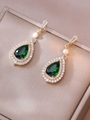 Vintage gold earrings with pear-cut green zircon, pearl drop, and crystal accents - Emerald Pear Drop Earrings (E0112)