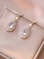 Elegant gold drop earrings with pear-cut crystal, white pearl and pavé halo setting - White Water Drop Earrings (E0113)