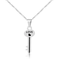 Polished silver LOVE heart key pendant necklace with vertical reflection on white background - Steel