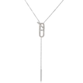 Elegant silver Y-shaped stainless steel necklace with sparkling crystal buckle pendant - Silver White