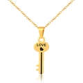 Gold titanium steel key necklace with LOVE engraving and heart detail on white base - Gold