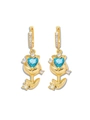 Elegant gold tulip drop earrings with heart blue crystal and sparkling zircon accents - Blue Tulip Earrings (E1286)