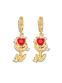 Golden flower earrings featuring vibrant red heart-shaped crystals and zircon accents - Red Tulip Earrings (E1289)