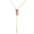 Minimalist Y-shaped gold plated stainless steel necklace with dark red leather inlay pendant - Gold Red