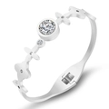 Polished titanium steel bangle with central zircon crystal and floral hollow design - White Gold
