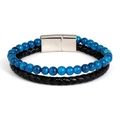 Detail of blue tiger eye beads and black braided leather strap with magnetic steel clasp - Blue Cat Eye Texture (Style 1)