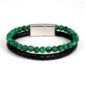 Detail view of double-layer beaded bracelet with malachite beads and black braided leather strap - Green Malachite Texture (Style 7)