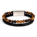 Men's double-layer bracelet with tiger eye beads and braided leather with silver clasp - Tawny Tiger Eye (Style 3)