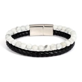Men's double-layer bracelet with white marble beads, black braided leather, and metal clasp - White Marble Pattern (Style 4)