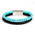 Detail of blue turquoise beads and black braided leather bracelet with magnetic steel clasp - Sky Blue Turquoise (Style 5)