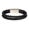 Men's double-layer bracelet with black tiger eye beads and braided leather cord and metal clasp - Glossy Black Onyx (Style 6)