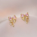 Elegant gold bow earrings with pink heart gemstones and dangling star charms - Pink Bowknot Earrings (E0787)