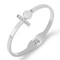 Silver minimalist spring bangle with mother of pearl shell and baguette cut zircons - White Gold