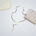 Gold stainless steel rosary necklace with purple beads and a cross pendant on a stone - Purple (Style 3)