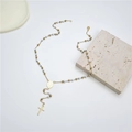 Colorful beaded cross necklace with gold stainless steel medals and white round beads - White (Style 7)