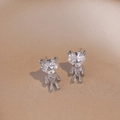 Sparkling bear stud earrings crafted from silver metal with clear zircon stones - White Bear Earrings (E0196) / Steel