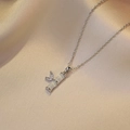 Silver chain necklace with white cat-eye bamboo pendant and sparkling butterfly detail - Steel Color Green Bamboo Style (X1903-4)