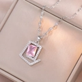 Silver rectangle pendant necklace with pink gemstone and zircon inlay decoration - Pink Necklace (X3575)