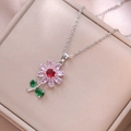 Exquisite flower pendant necklace with pink petals and green gemstone leaves - Silver Red Pink Flower (X1938)