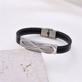 Black leather infinity bracelet with silver metal plate on a textured stone display - Silver Style