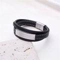 Mehrlagiges Herrenarmband aus schwarzem Leder mit Edelstahl-Magnetverschluss und Silberanhänger - Gebürsteter Silberner Metallstil / Schwarz