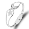Silver stainless steel star and moon bangle with pave-set rhinestones and hinged clasp - Silver White