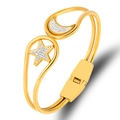 Gold stainless steel open bangle featuring crystal-studded star and moon charms - Gold White