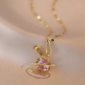 Pink heart crystal necklace with golden bunny ears and shimmering zircon stone accents - Golden Sweet Rabbit Necklace / Gold
