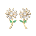 Sonnenblumen-Ohrringe mit Zirkonia-Blütenblatt, goldenem Stiel und grünen Blättern - Goldene Gänseblümchen-Ohrringe