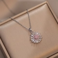 Elegant silver flower necklace with pink center and crystal petals on jewelry box - Silver Sunflower Pendant Necklace (X2060)