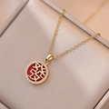 Elegant gold necklace featuring a red enamel Xi character pendant with sparkling zircon border - X2161 Gold Wealth Character Necklace (With Pendant)