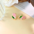 Orecchini dorati con fiori in smalto rosa e perle bianche eleganti da donna - Stud orecchini / Oro Rosa