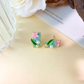 Orecchini vintage con smalto celeste e dettaglio di piccolo fiore rosa stile retrò - Stud orecchini / Oro Blu Chiaro