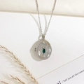 Silver locket necklace with green marquise gemstone and floral engraving detail - Eagle Style (Silver With Green Stone)
