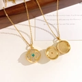 Golden round locket necklace with four-leaf flower and green stone inlay for photos - Blue Good Luck Clover Locket