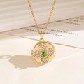 Golden clover locket necklace with green gemstone and white zircon pavé details - Green Good Luck Clover Locket