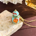 Blue enamel gourd necklace with orange fruit patterns and gold chain for women - Light Blue Reunion Hulu (XL4367)