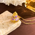 Elegant gold hulu pendant necklace with purple enamel inlay and heart cutout details - Antique Gold Purple Hulu (XL4371)