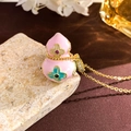 Pink enamel gourd pendant necklace with gold chain and colorful stones - Pink Clover Large (XL4530)