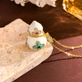 Gourd-shaped necklace in white enamel with delicate floral patterns and gold chain - White Clover Large (XL4530)