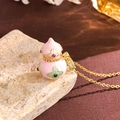 Pink enamel gourd pendant necklace in gold finish with colorful stone accents - Pink Clover Small (XL4531)