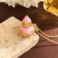 Pink enamel gourd pendant necklace with golden vine patterns and crystal accents - Auspicious Pink Gourd (XL4653)