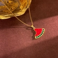 Creative gold necklace featuring a watermelon slice pendant with green crystals and red enamel - Red Watermelon Style (XL4829) / Gold