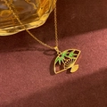 Golden fan necklace with green bamboo leaves design and delicate metal chain - Green Fan Style (XL4974) / Gold