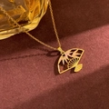 Golden fan-shaped necklace with pink bamboo leaf enamel pattern on red velvet - Pink Fan Style (XL4974) / Gold