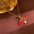 Bamboo leaf folding fan pendant necklace with red enamel and gold chain - Red Fan Style (XL5024) / Gold