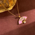 Chinese style fan pendant necklace with pink enamel and green bamboo leaves in gold finish - Pink Fan Style (XL5024) / Gold